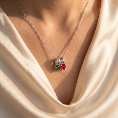 Ring Pendants Necklace with Names & Heart Birthstones
