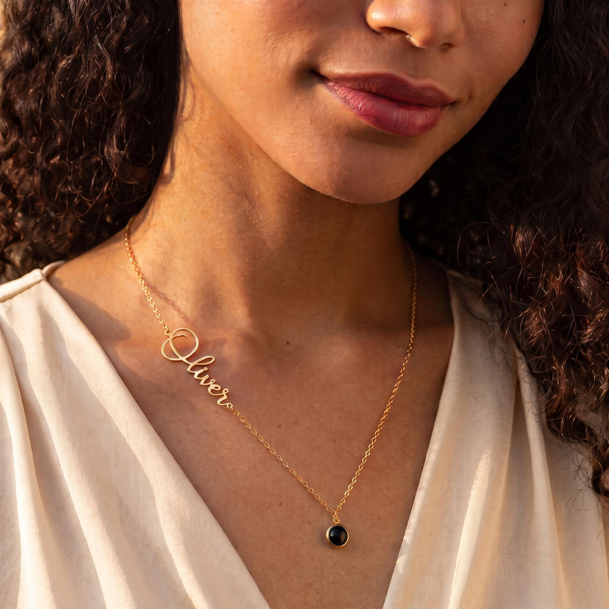 Sideways Name Photo Projection Necklace