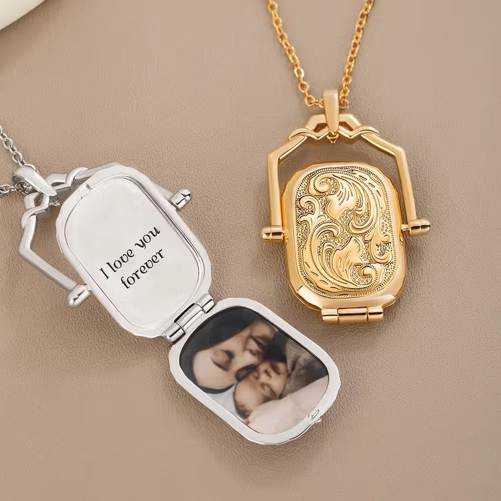 Antique Style Photo Locket Necklace with Name