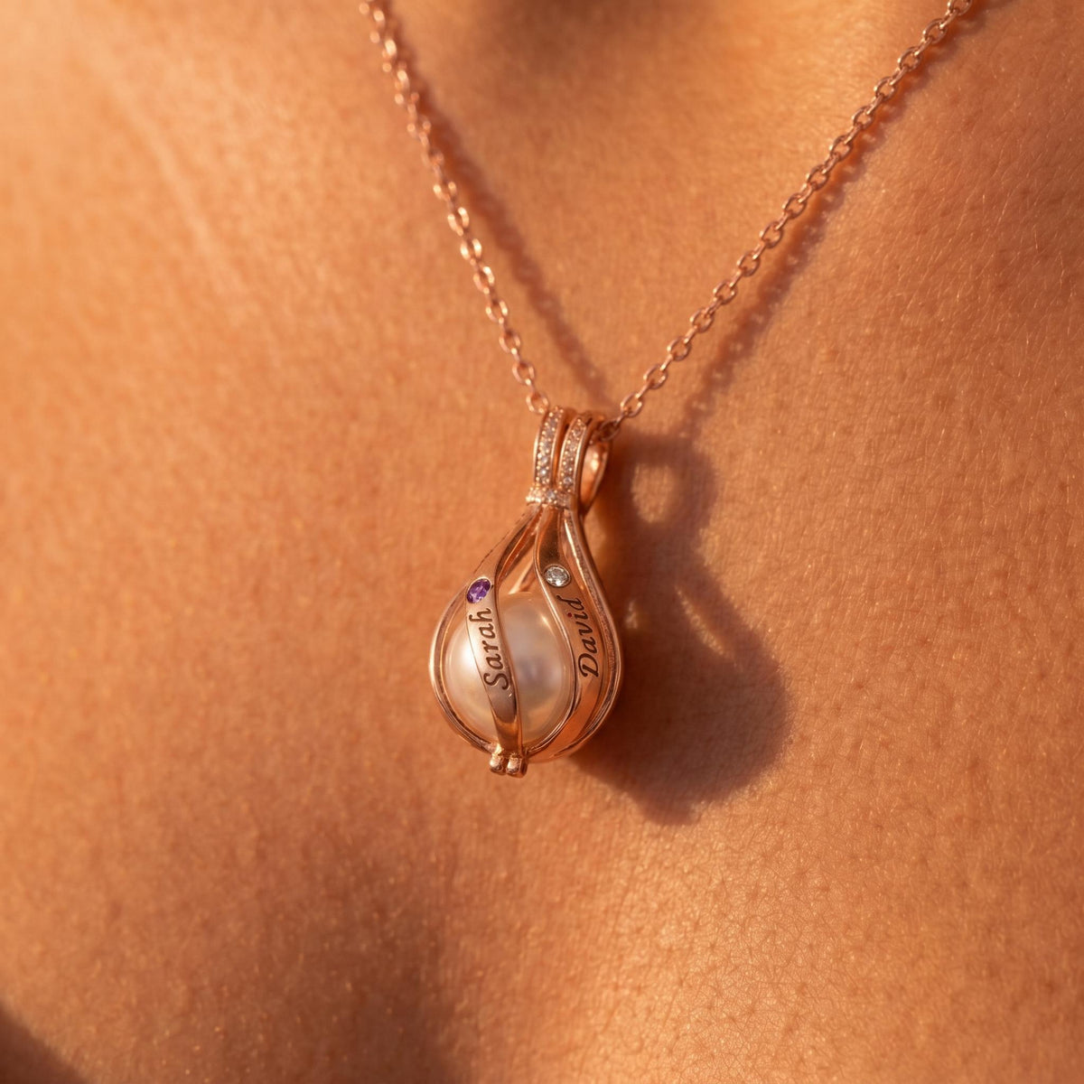 Custom Name & Birthstone Pearl Cage Necklace