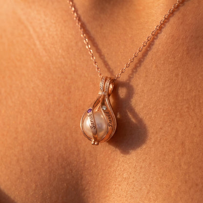 Custom Name & Birthstone Pearl Cage Necklace