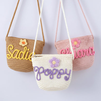 Custom Name & Flower Yarn Mini Straw Bag