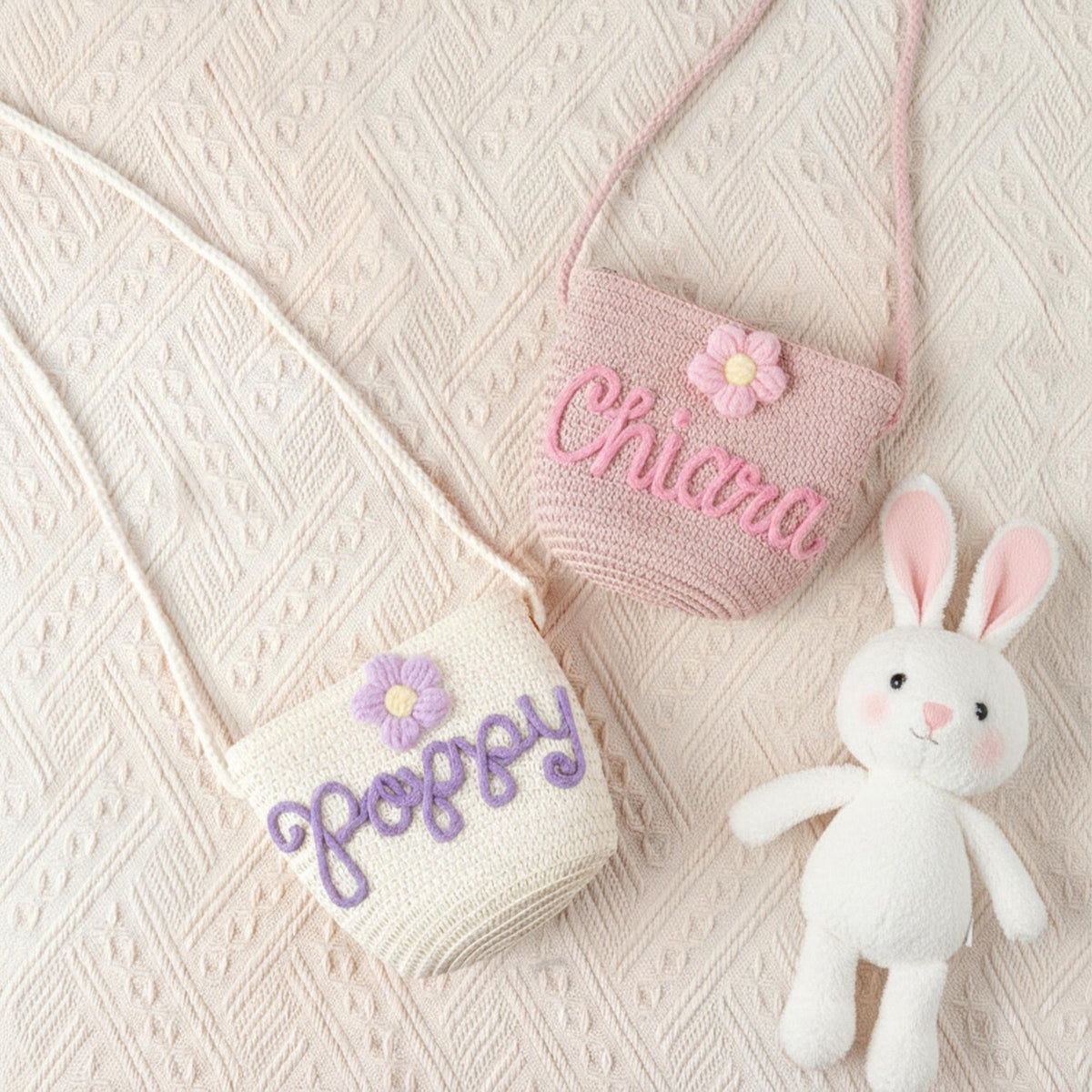 Custom Name & Flower Yarn Mini Straw Bag