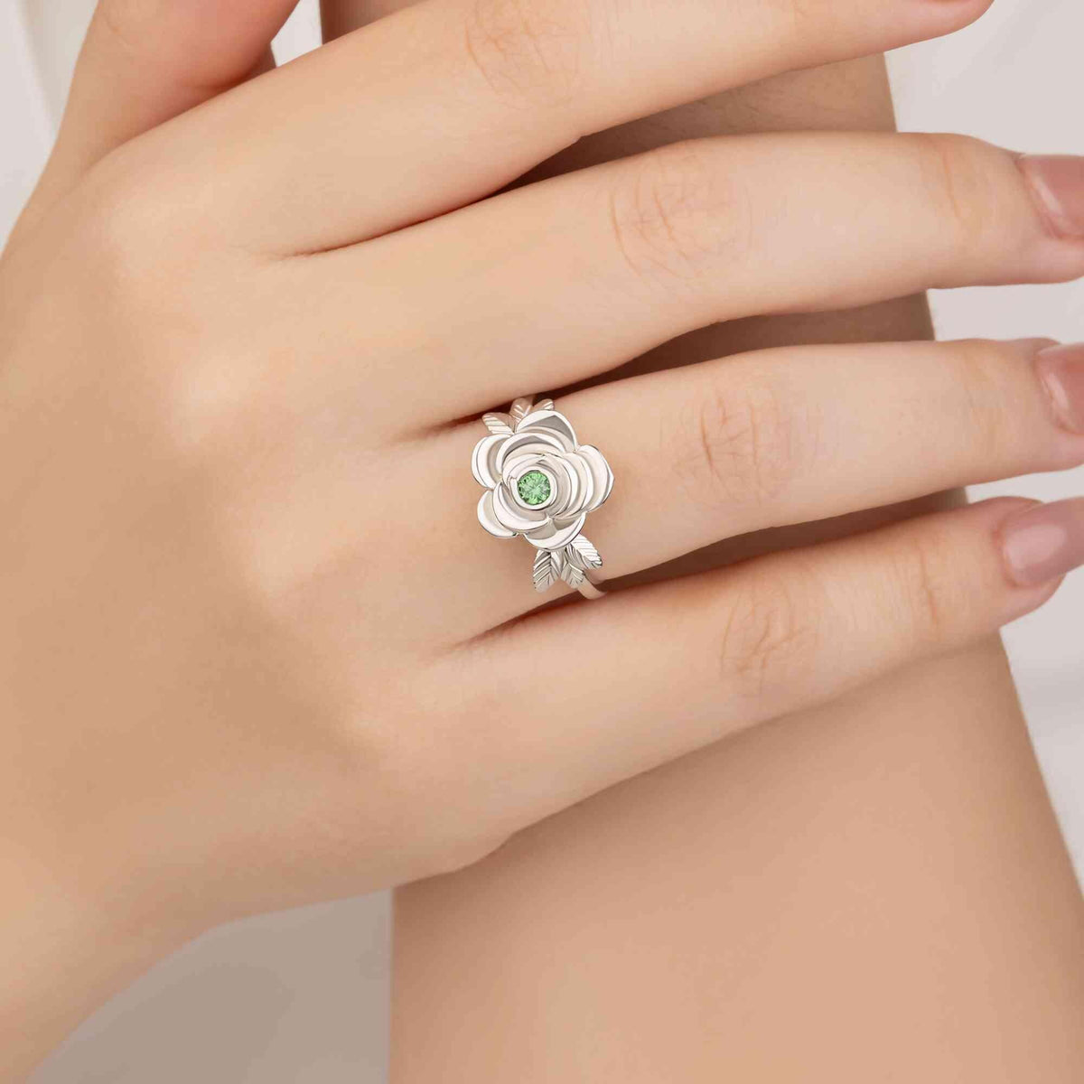 Rose Flower Cremation Urn Ring with Birthstone