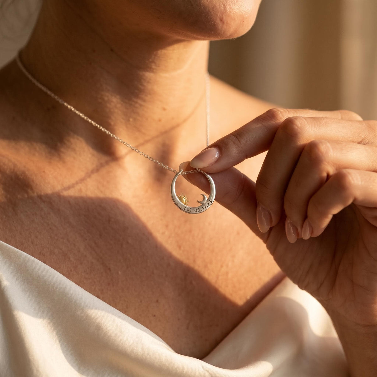 Moon Ring Holder Necklace with Custom Text