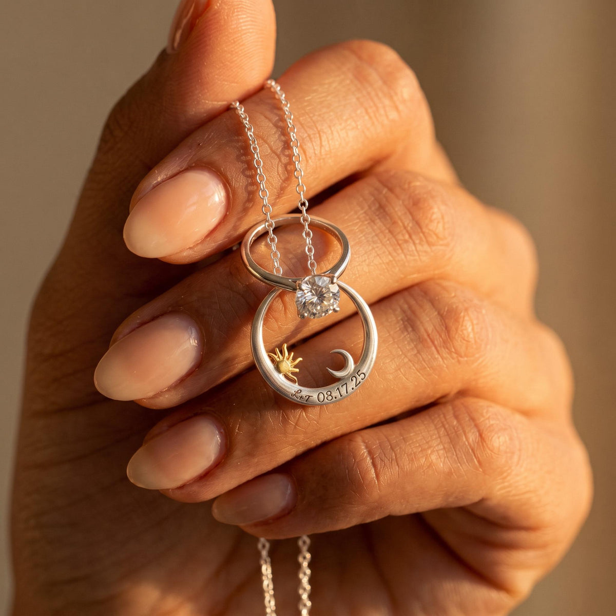 Moon Ring Holder Necklace with Custom Text