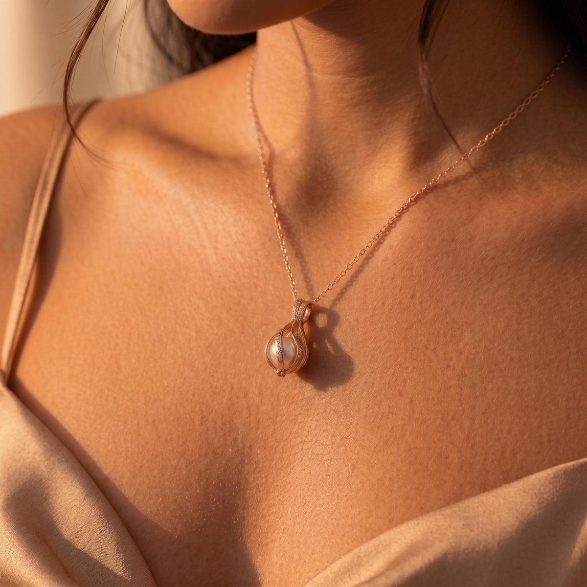Custom Name & Birthstone Pearl Cage Necklace