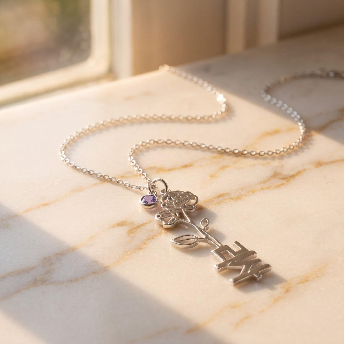 Birth Flower Korean Name Necklace with Birthstone