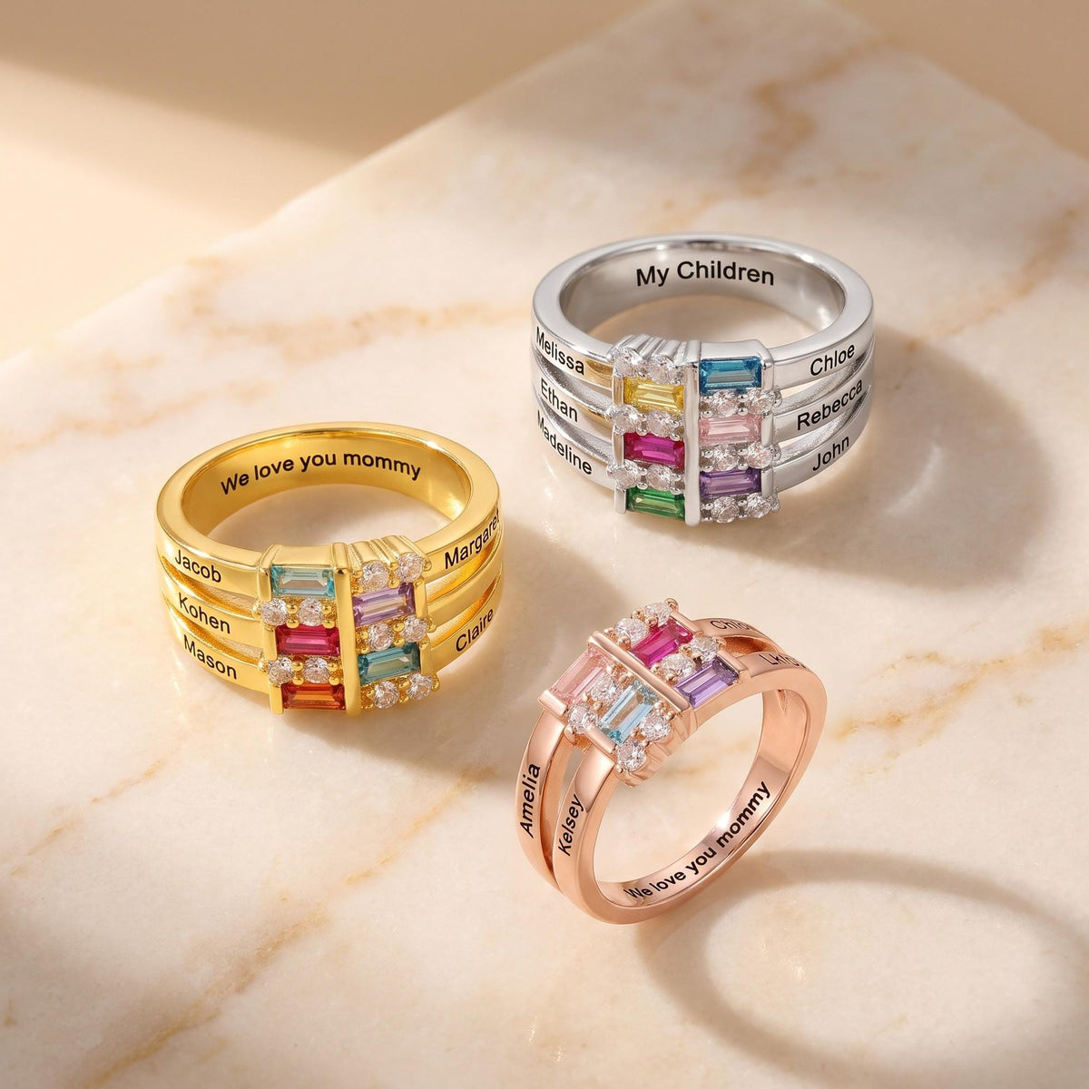 Family Names Ring with Baguette Birthstones, photo 2