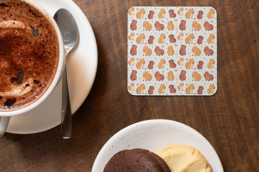 Capybaras Chibi Style Print Corkwood 4 Coasters Set