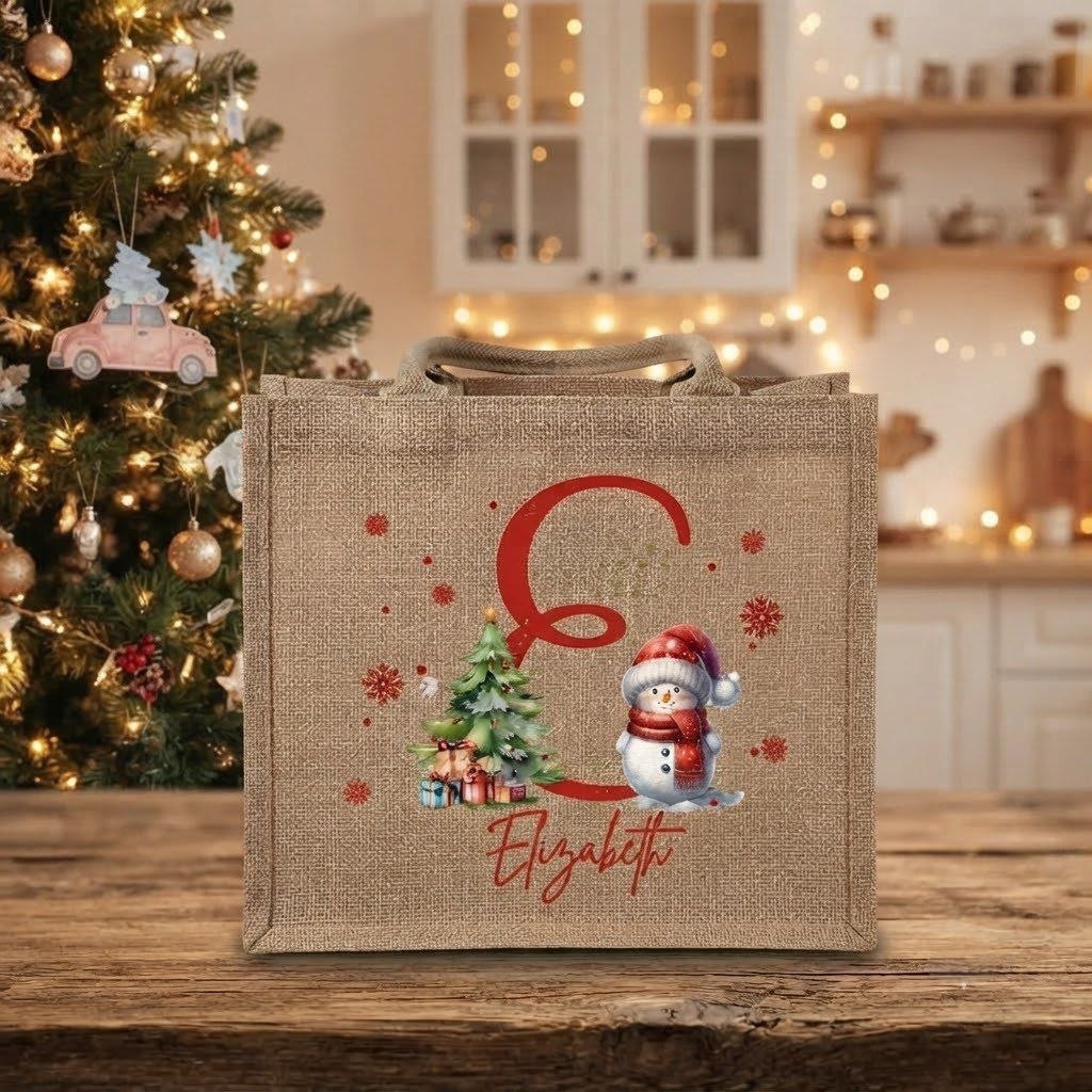 Christmas Snowman Tote Bag with Name & Letter