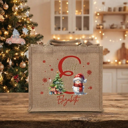 Christmas Snowman Tote Bag with Name & Letter