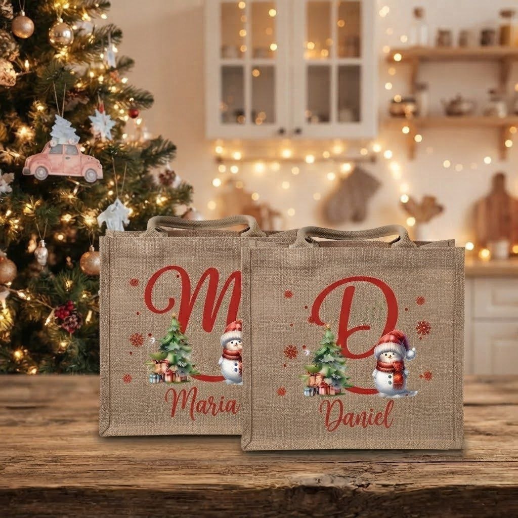 Christmas Snowman Tote Bag with Name & Letter