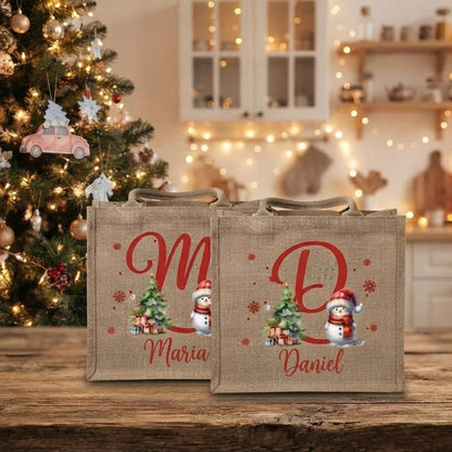 Christmas Snowman Tote Bag with Name & Letter