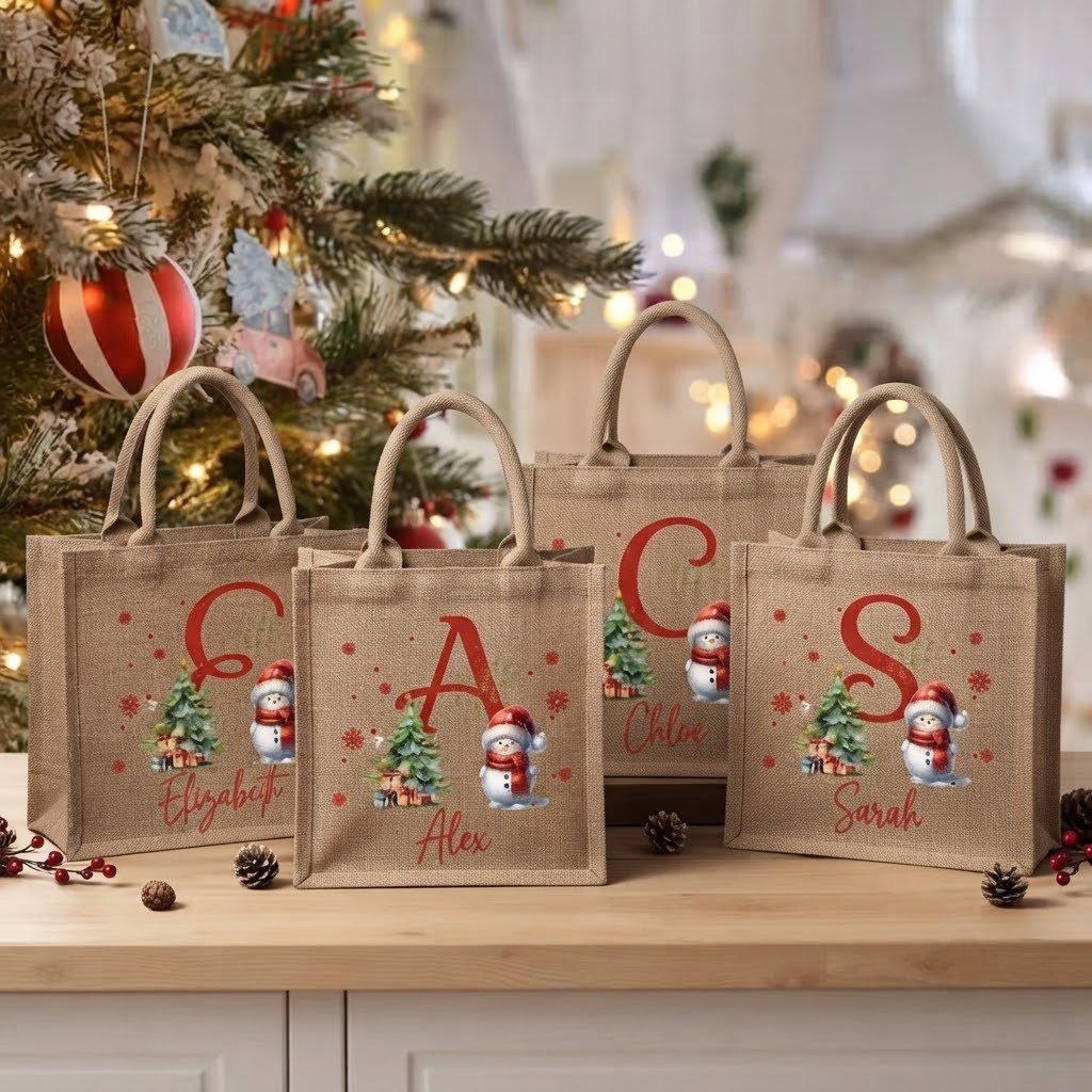 Christmas Snowman Tote Bag with Name & Letter