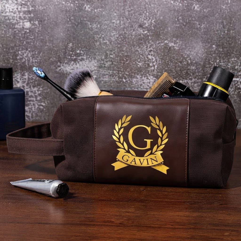 Personalisierte Herren-Kulturtasche mit Namen und Initialen, Reise-Rasier-Set aus Canvas und Leder, Geschenk für Trauzeugen, Vater oder Freund