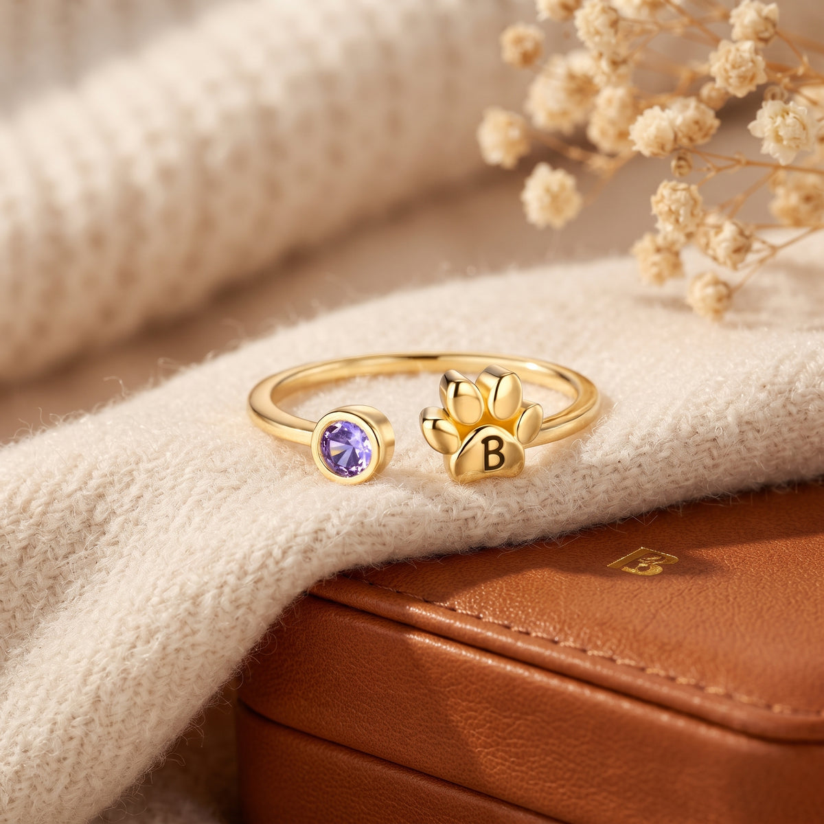 Custom Initial Engraved Tiny Paw with Birthstone Ring