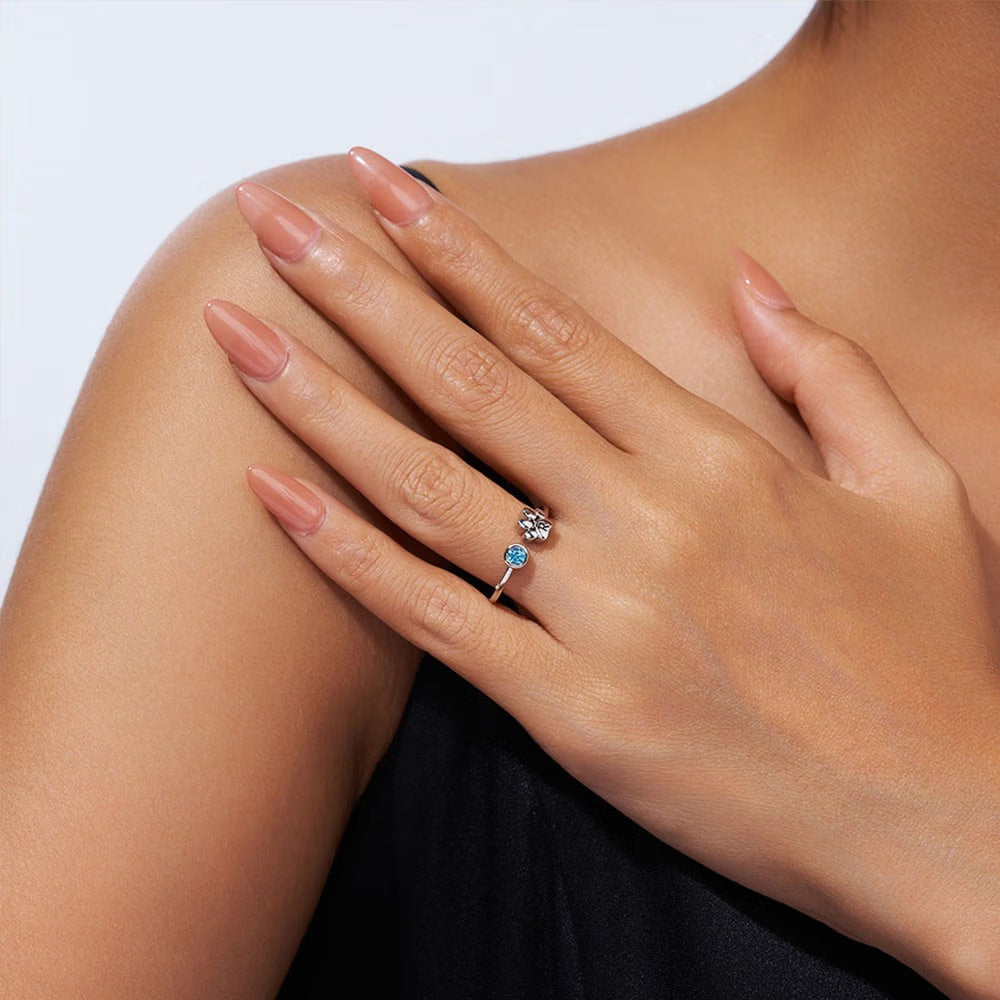 Custom Initial Engraved Tiny Paw with Birthstone Ring
