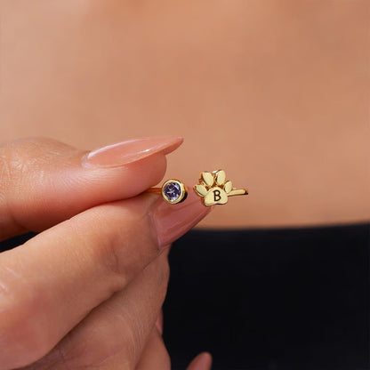 Custom Initial Engraved Tiny Paw with Birthstone Ring