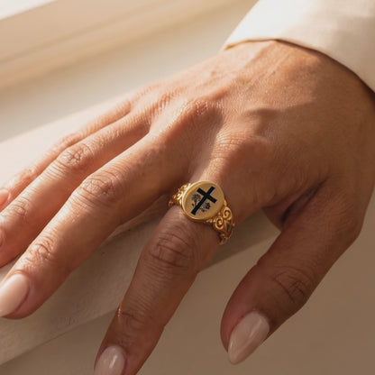 Birth Flower Cross Signet Ring
