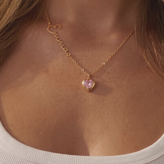 Sideways name necklace with heart birthstone video