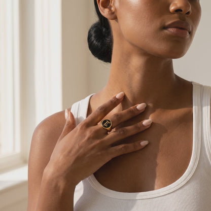 Black Enamel Monogram Signet Ring