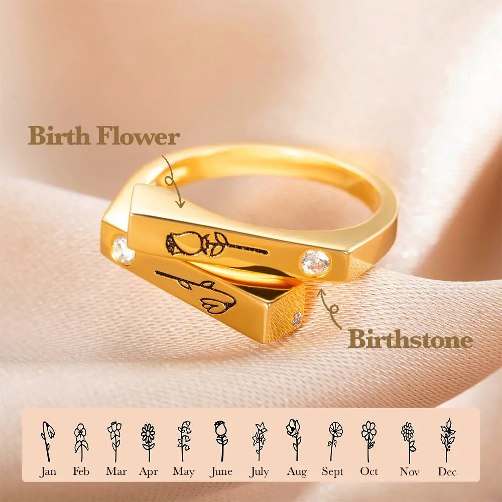 Personalized Matching Birthflowers & Birthstones Ring