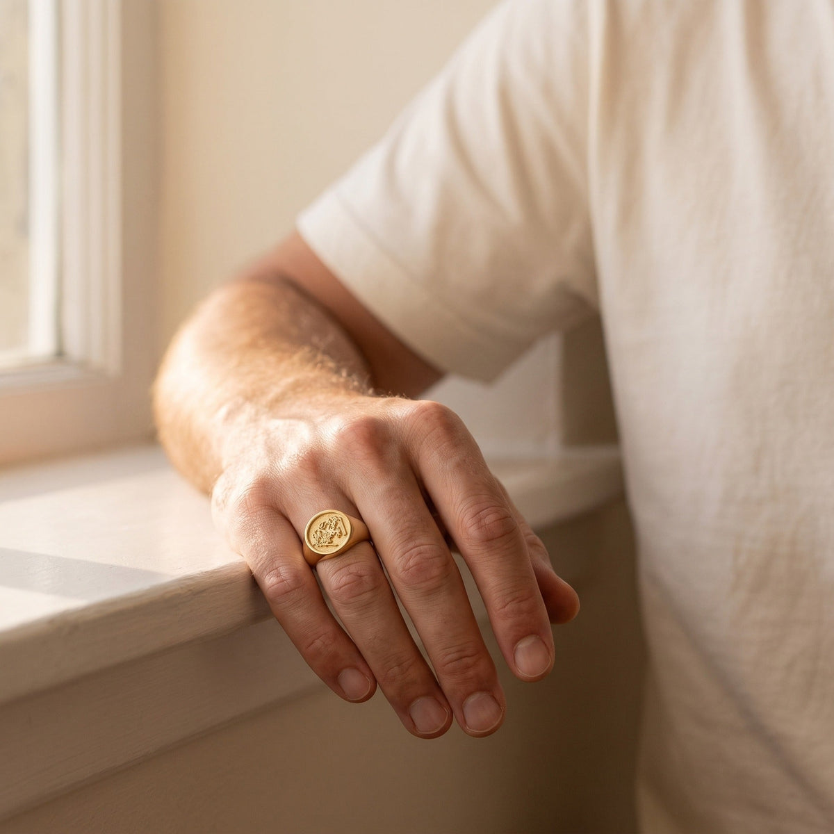 Family signet ring worn by a man, hand on a windowsill