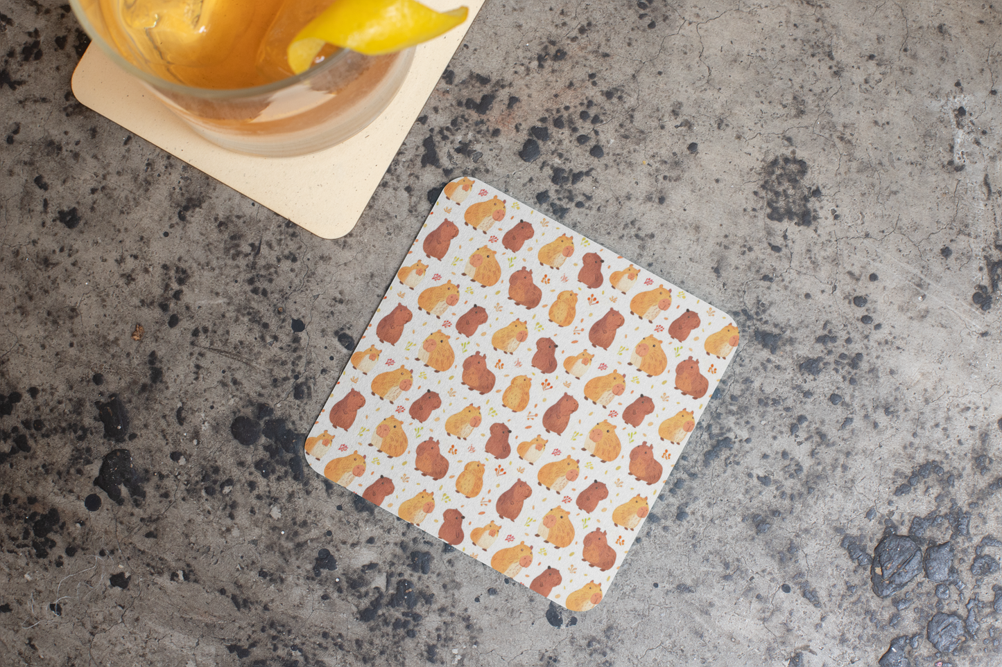 Capybaras Chibi Style Print Corkwood 4 Coasters Set